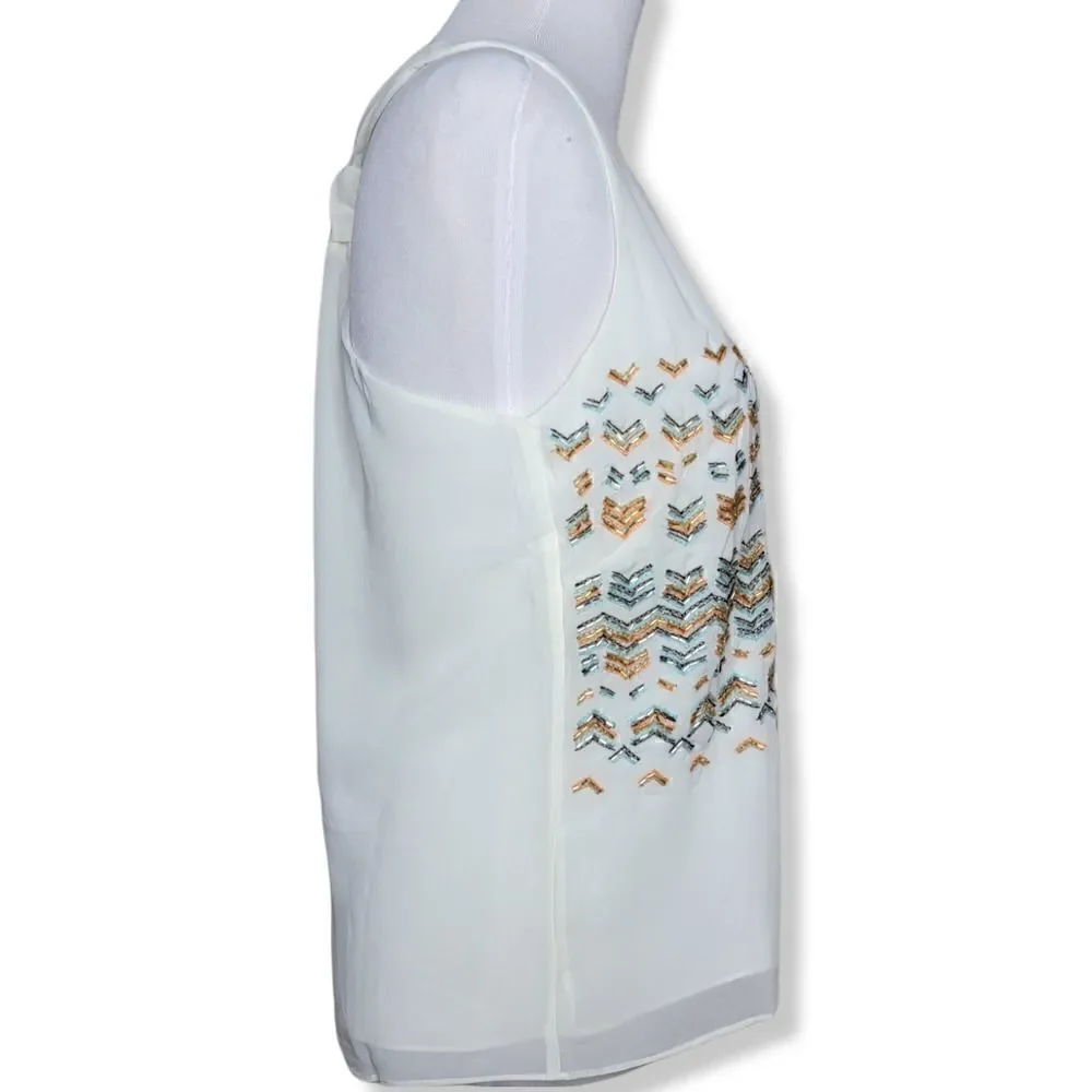 Greylin Racerback Sequin Bead Embellished Boho Tank Top Blouse White Medium
